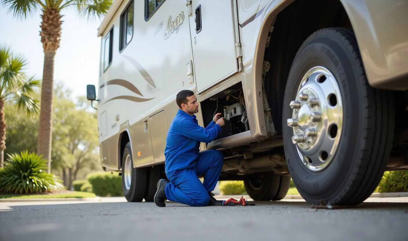 Mobile RV repair technician servicing a motorhome in Orlando Florida