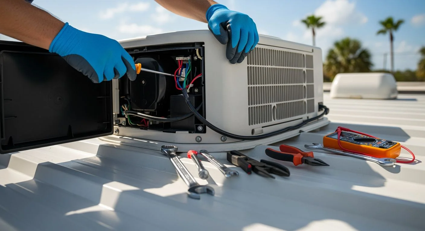 RV rooftop air conditioning unit being repaired by certified technician in Orlando Florida