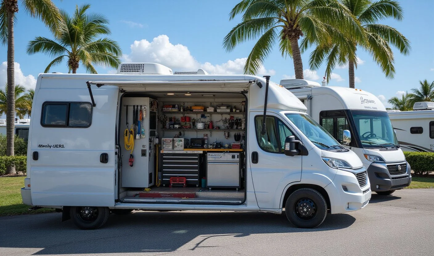 Mobile RV repair services van fully equipped at Orlando Florida campsite